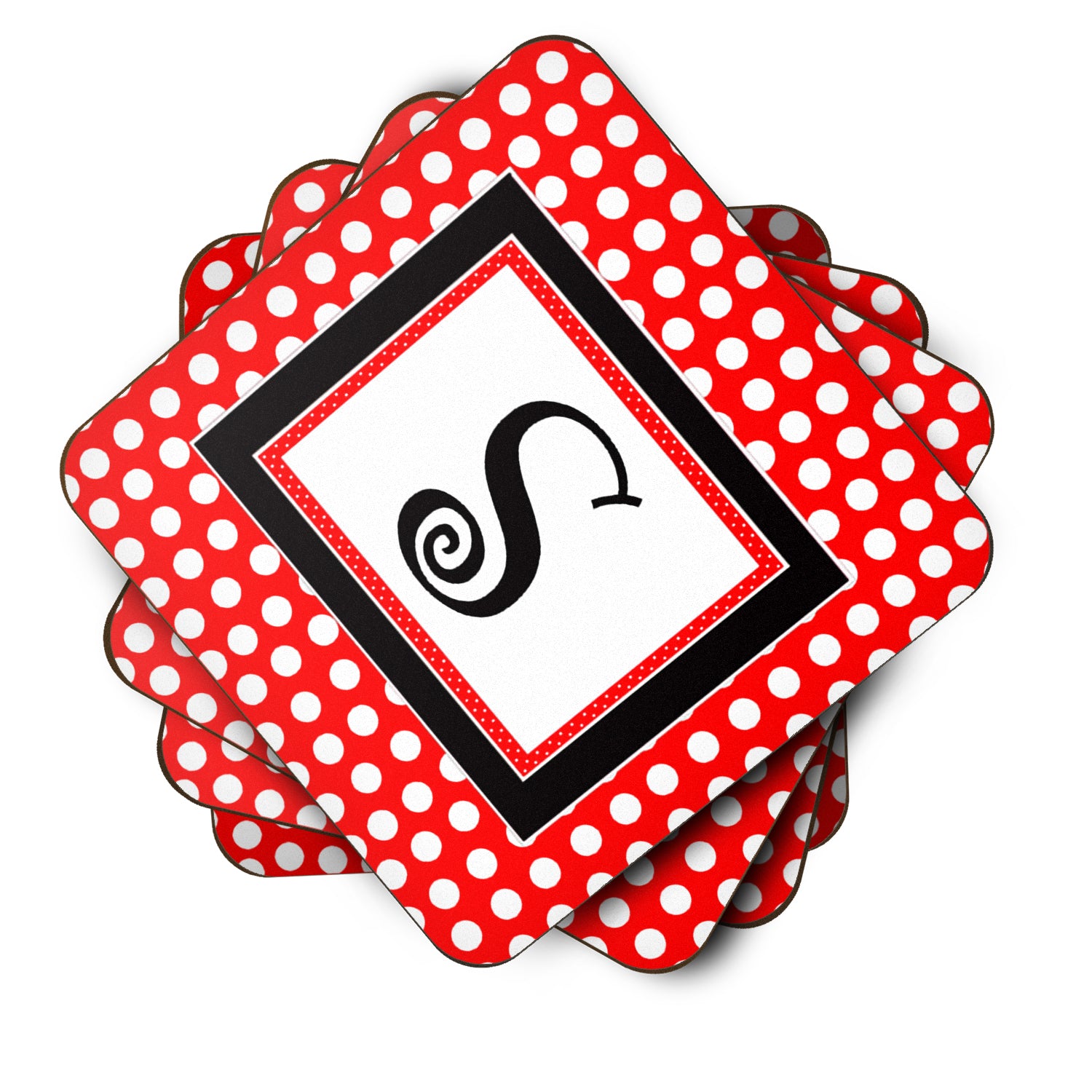 Set of 4 Monogram - Red Black Polka Dots Foam Coasters Initial Letter S - the-store.com