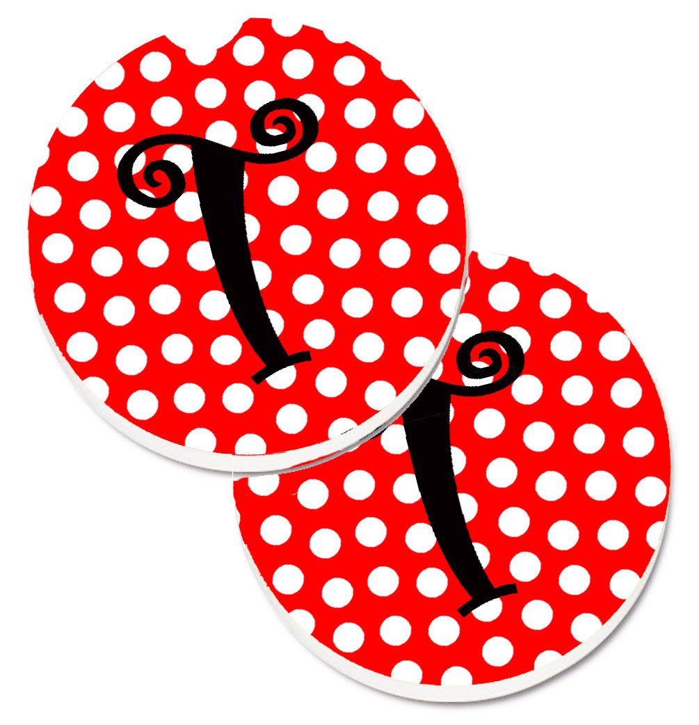Monogram - Initial T Red Black Polka Dots Set of 2 Cup Holder Car Coasters CJ1012-TCARC by Caroline&#39;s Treasures