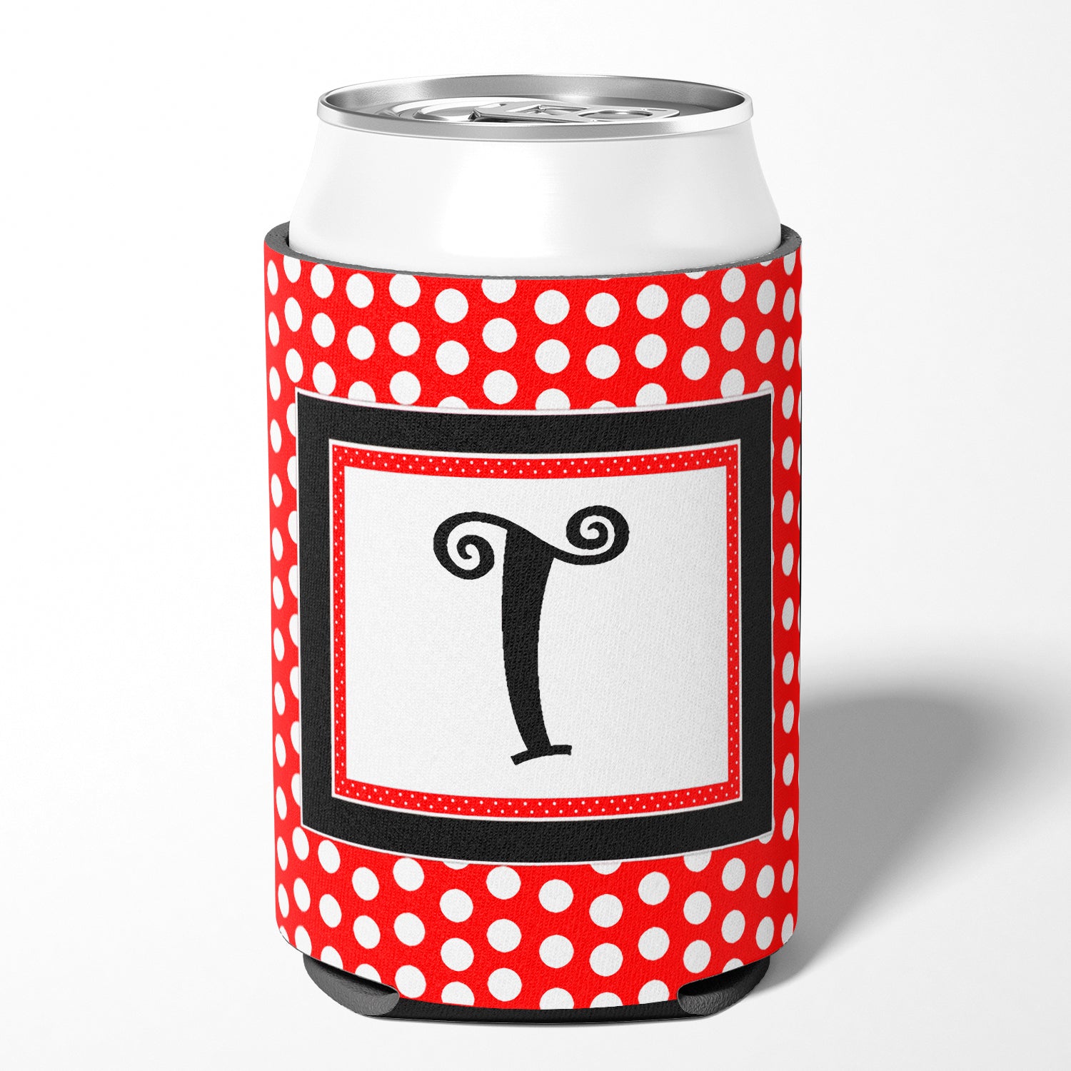 Letter T Initial Monogram - Red Black Polka Dots Can or Bottle Beverage Insulator Hugger.