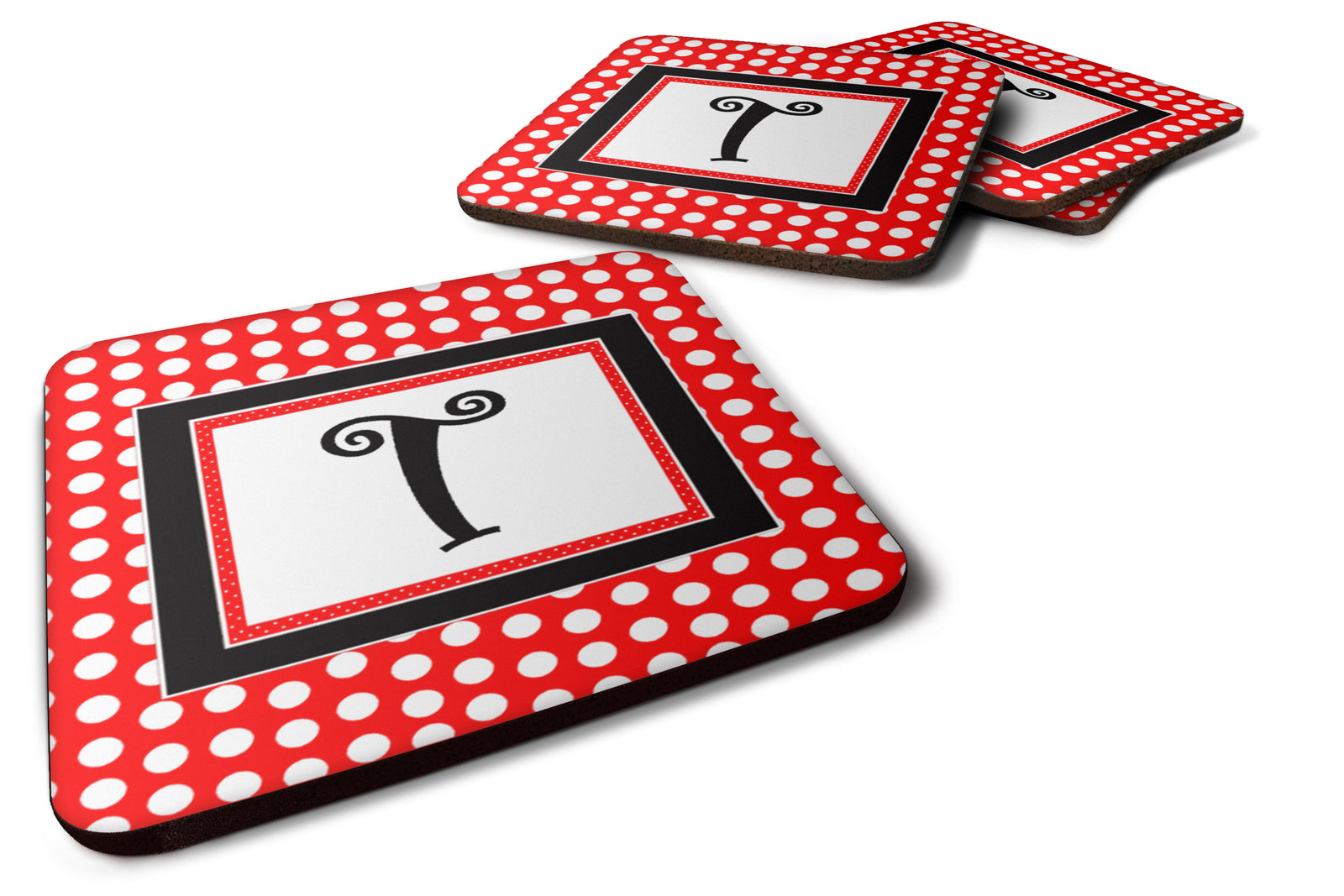 Set of 4 Monogram - Red Black Polka Dots Foam Coasters Initial Letter T - the-store.com