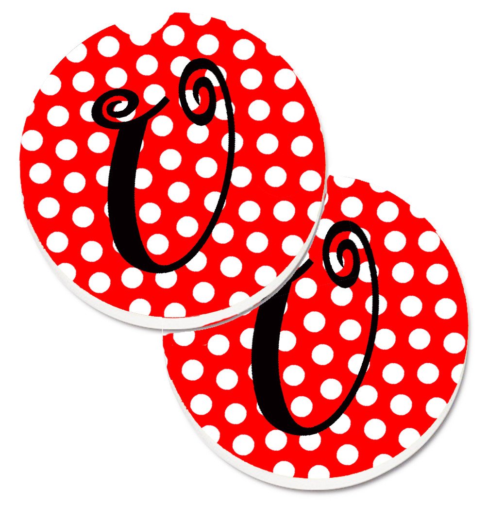 Monogram - Initial  U Red Black Polka Dots Set of 2 Cup Holder Car Coasters CJ1012-UCARC by Caroline&#39;s Treasures