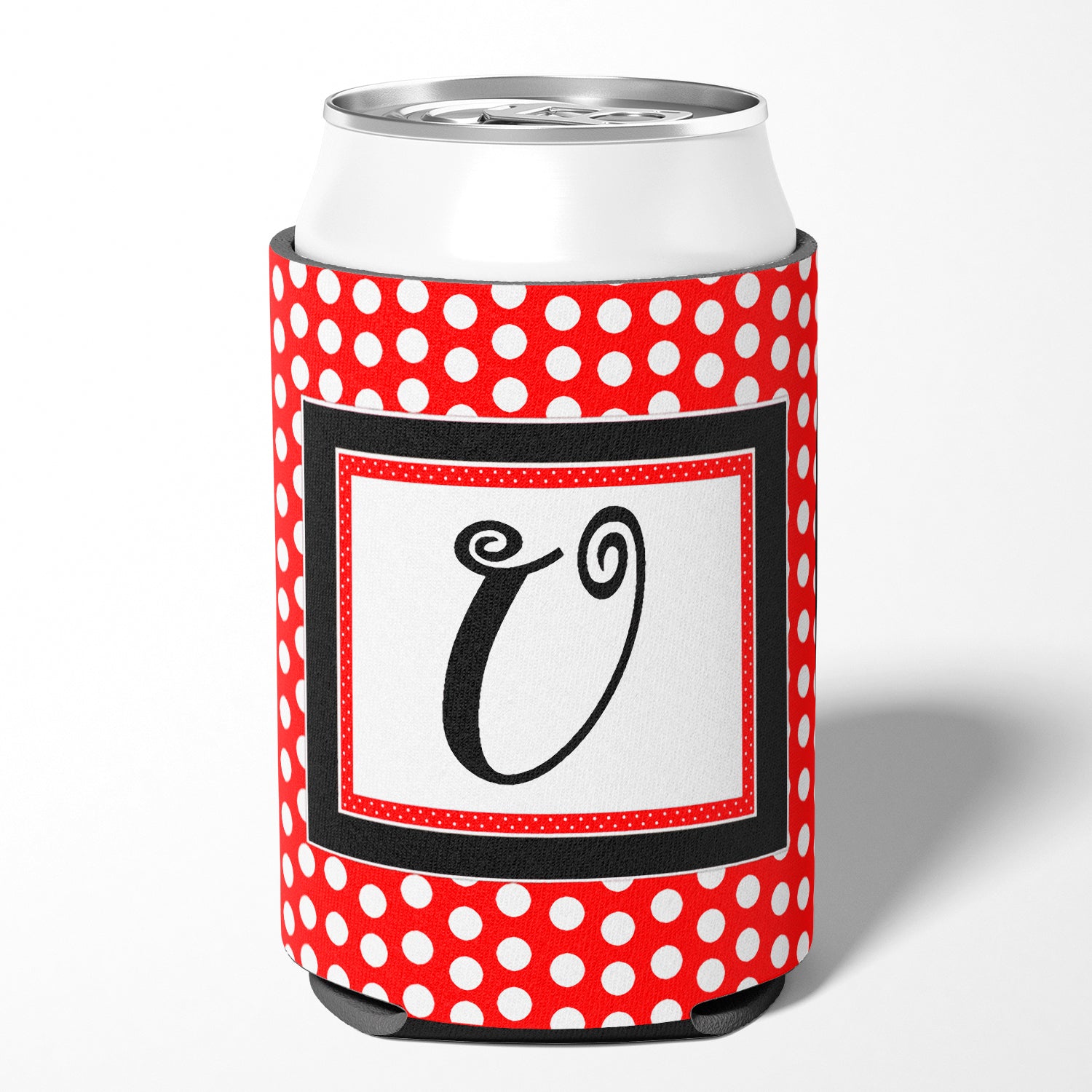 Letter U Initial Monogram - Red Black Polka Dots Can or Bottle Beverage Insulator Hugger