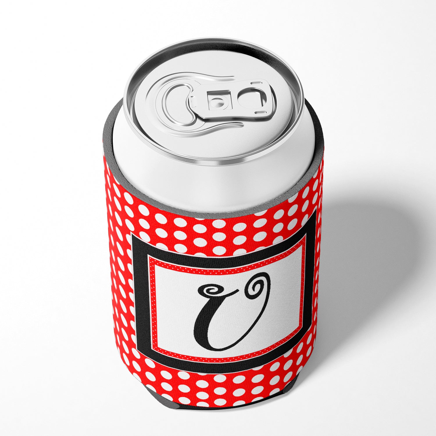Letter U Initial Monogram - Red Black Polka Dots Can or Bottle Beverage Insulator Hugger.