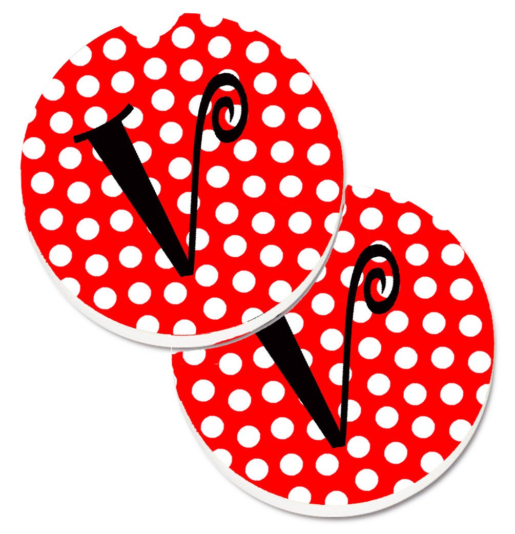 Monogram - Initial V Red Black Polka Dots Set of 2 Cup Holder Car Coasters CJ1012-VCARC by Caroline&#39;s Treasures