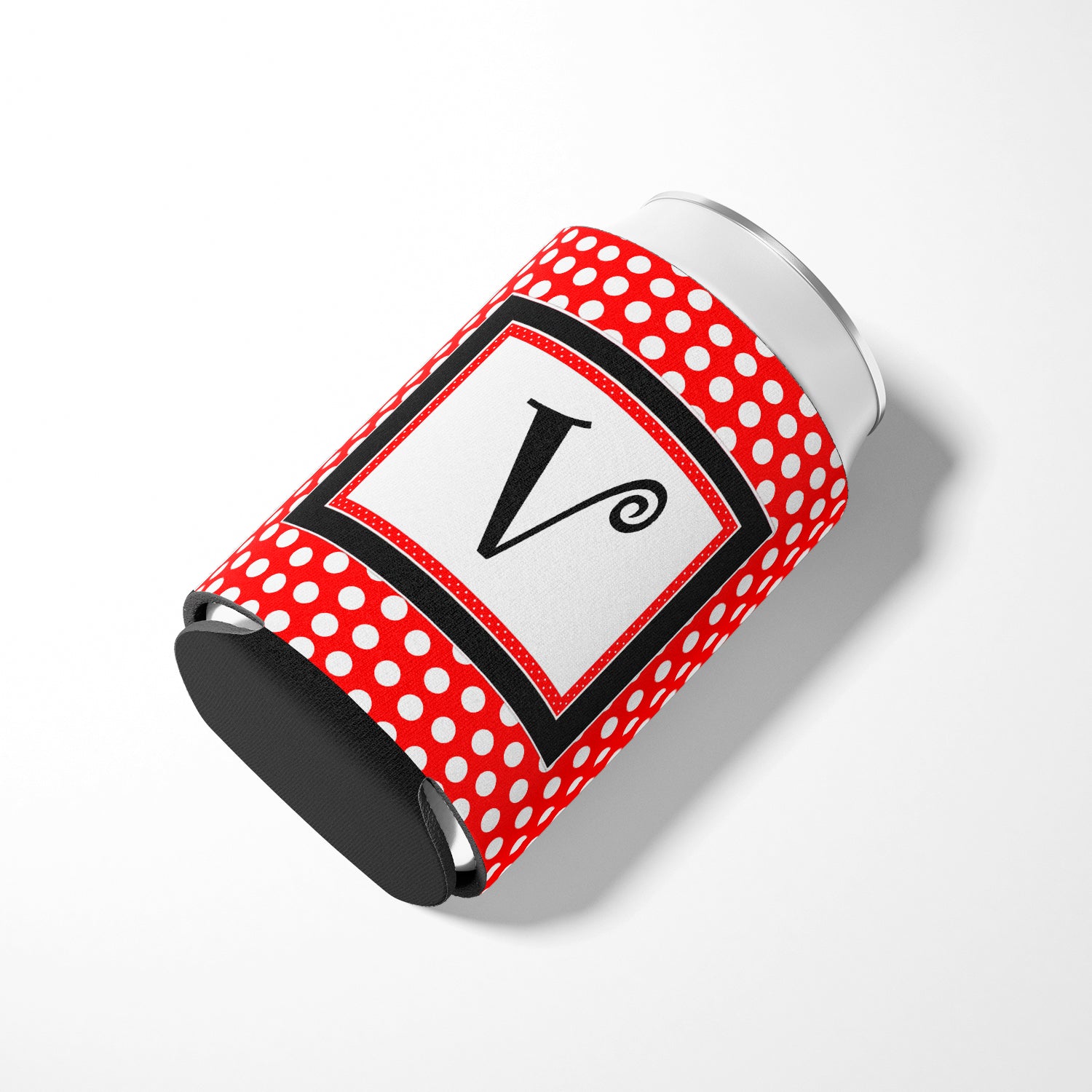 Letter V Initial Monogram - Red Black Polka Dots Can or Bottle Beverage Insulator Hugger