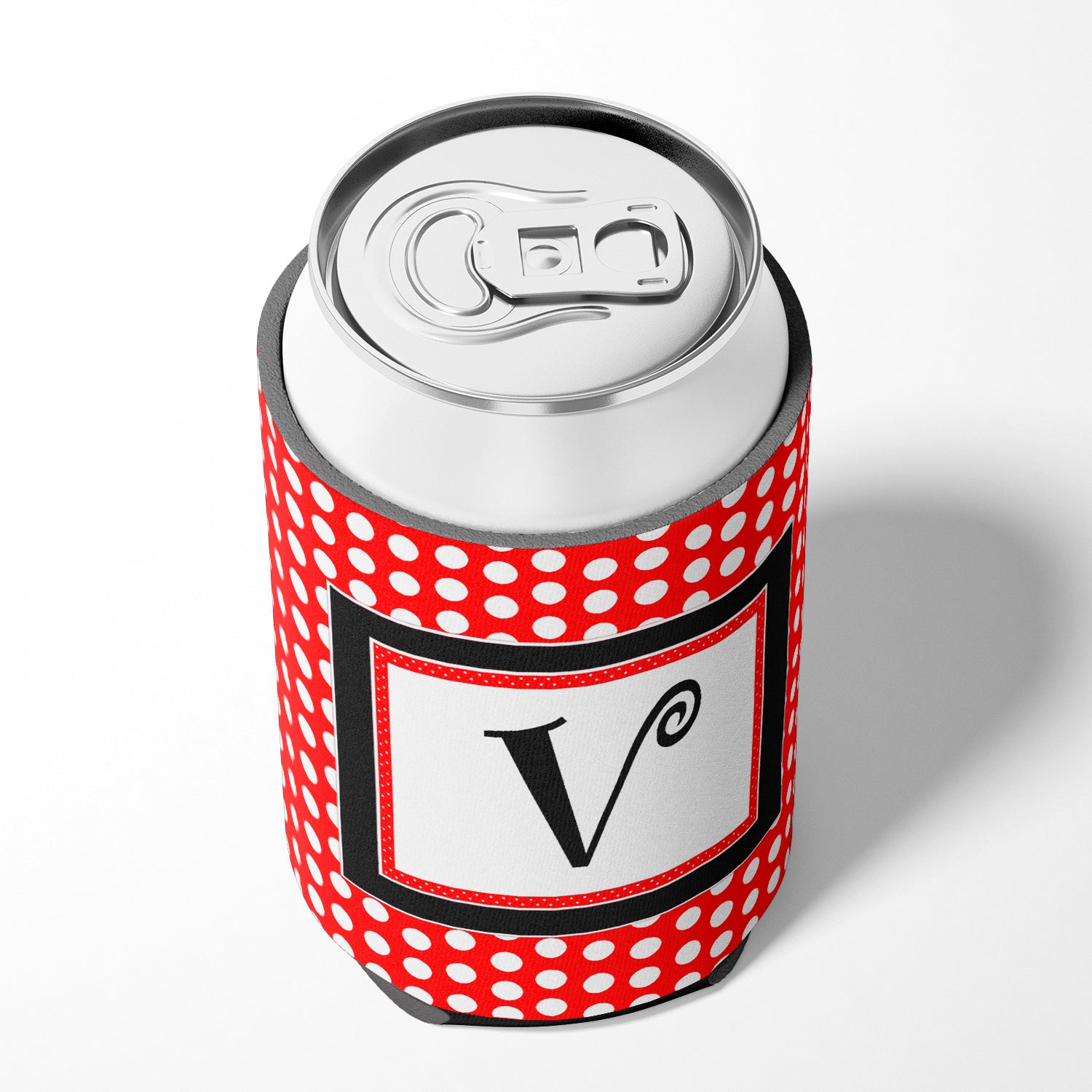 Lettre V monogramme initial - pois noirs rouges canette ou bouteille boisson isolant Hugger