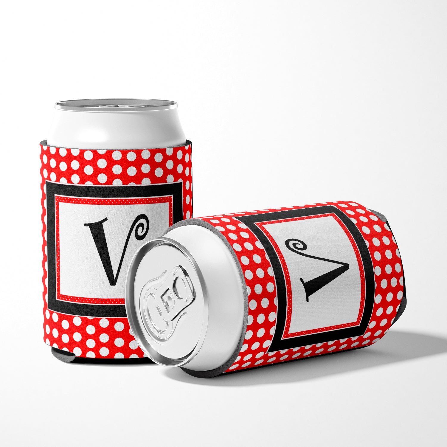 Letter V Initial Monogram - Red Black Polka Dots Can or Bottle Beverage Insulator Hugger