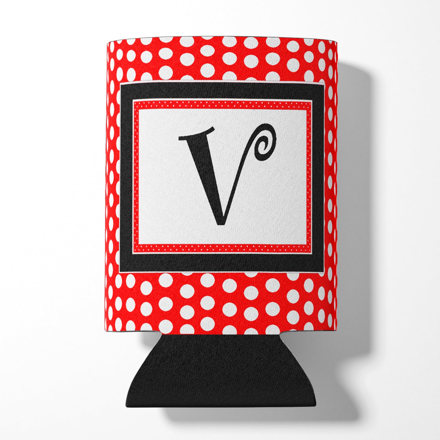 Letter V Initial Monogram - Red Black Polka Dots Can or Bottle Beverage Insulator Hugger.