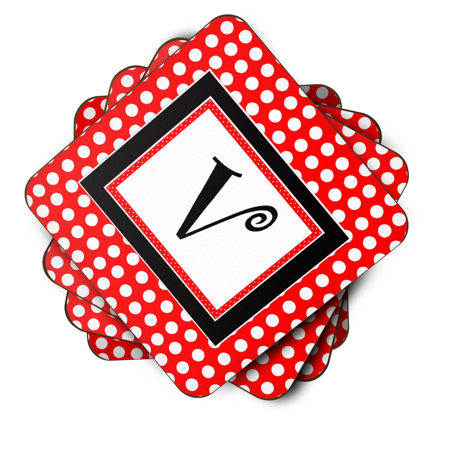 Set of 4 Monogram - Red Black Polka Dots Foam Coasters Initial Letter V - the-store.com