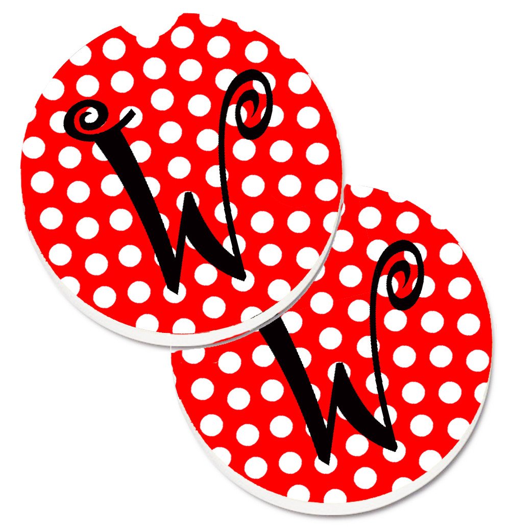 Monogram - Initial W Red Black Polka Dots Set of 2 Cup Holder Car Coasters CJ1012-WCARC by Caroline&#39;s Treasures