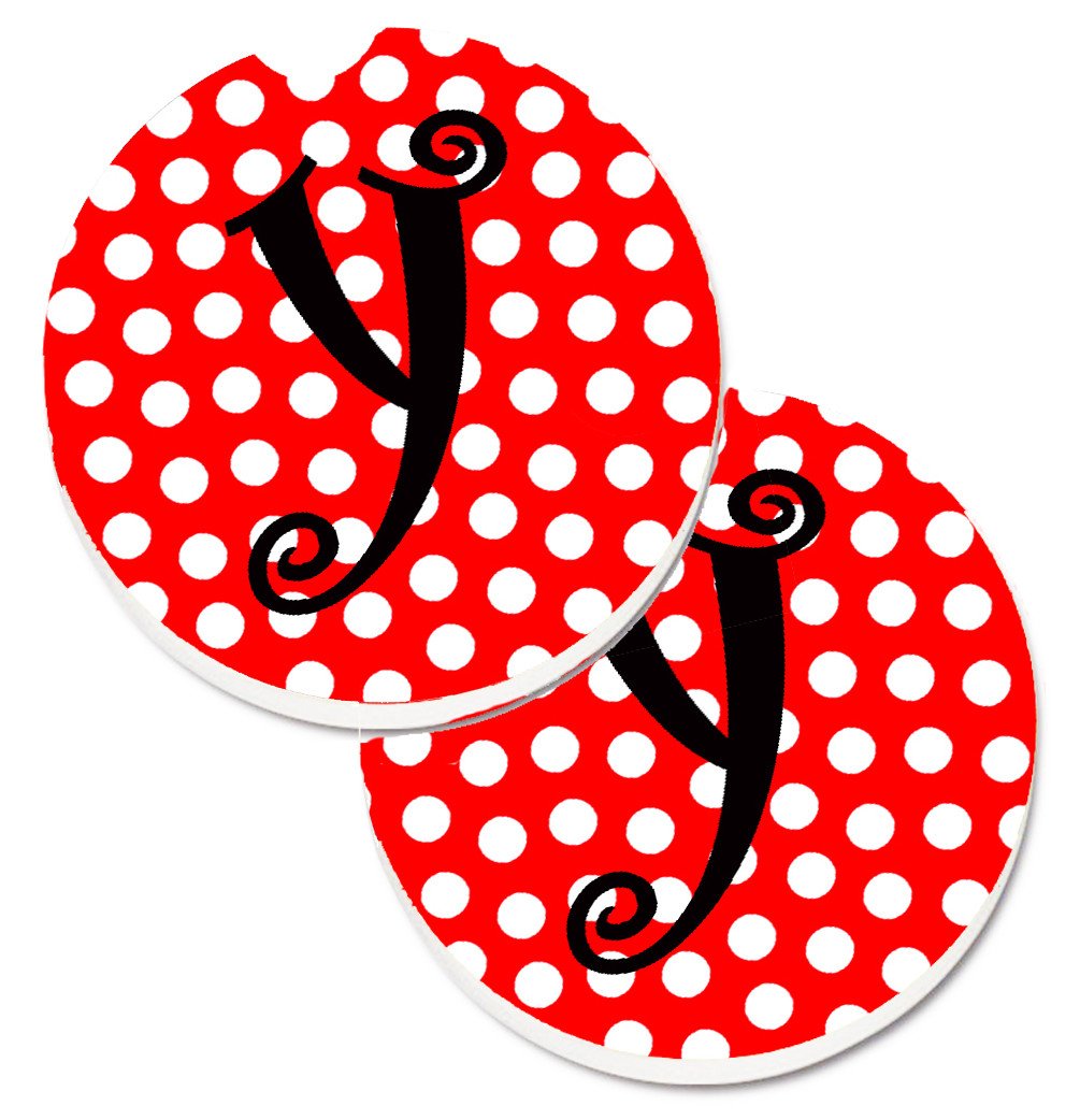 Monogram - Initial Y Red Black Polka Dots Set of 2 Cup Holder Car Coasters CJ1012-YCARC by Caroline&#39;s Treasures