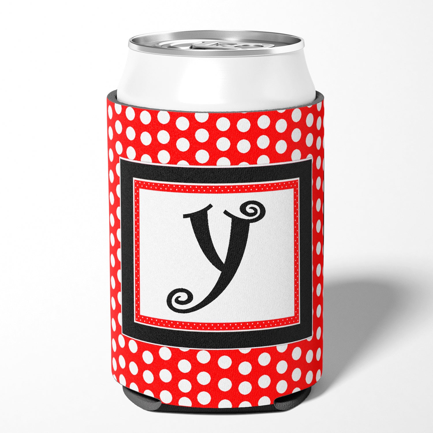 Letter Y Initial Monogram - Red Black Polka Dots Can or Bottle Beverage Insulator Hugger.