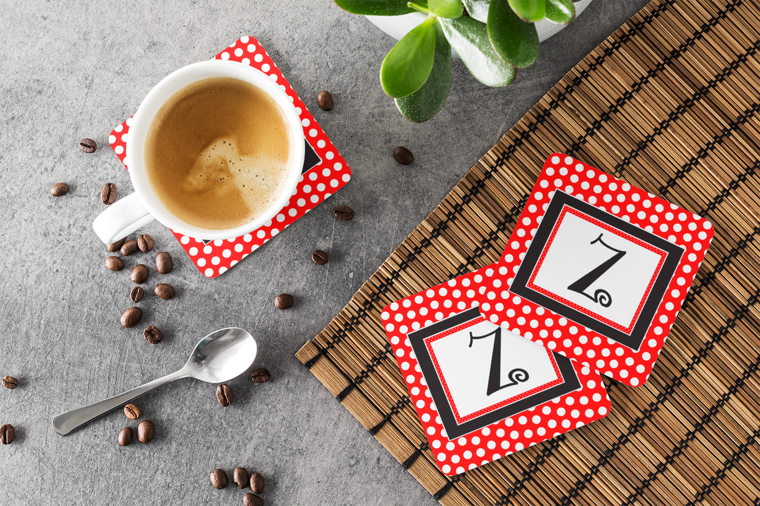 Set of 4 Monogram - Red Black Polka Dots Foam Coasters Initial Letter Z - the-store.com