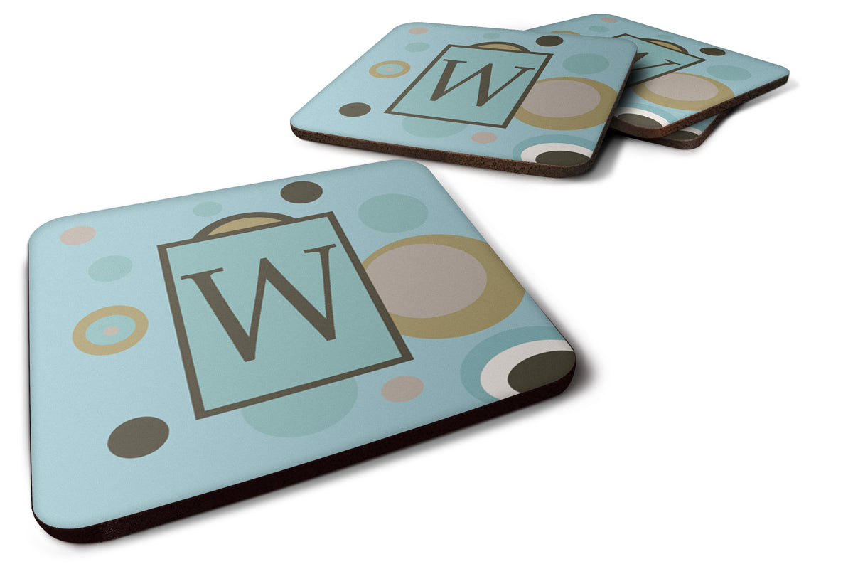 Set of 4 Monogram - Blue Dots Foam Coasters Initial Letter W - the-store.com