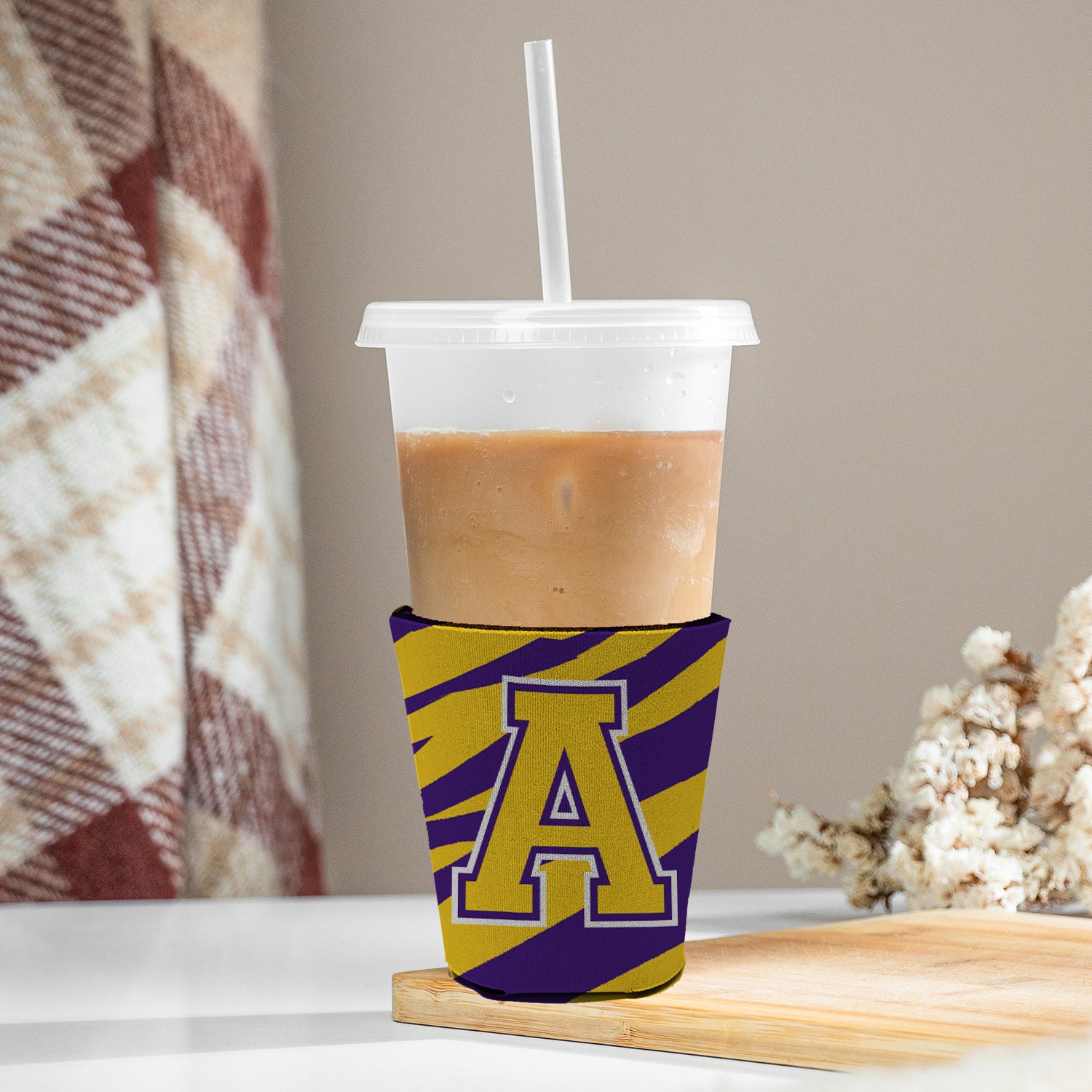 Tiger Stripe - Purple Gold Letter A Monogram Initial Red Cup Beverage Insulator Hugger  the-store.com.
