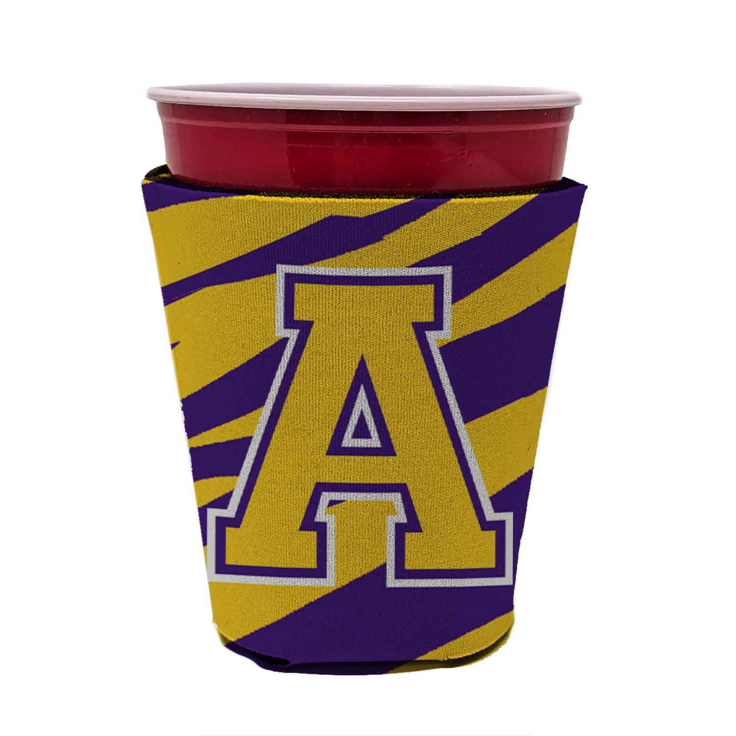 Tiger Stripe - Purple Gold Letter A Monogram Initial Red Cup Beverage Insulator Hugger