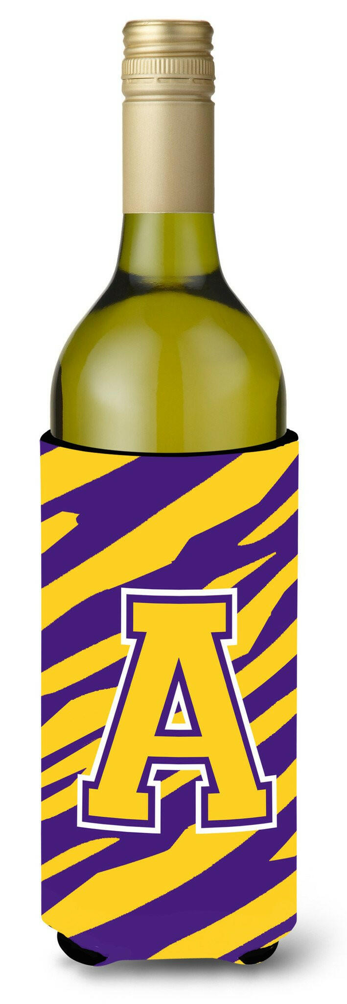 Monogram - Tiger Stripe - Purple Gold  Initial A Wine Bottle Beverage Insulator Beverage Insulator Hugger by Caroline&#39;s Treasures
