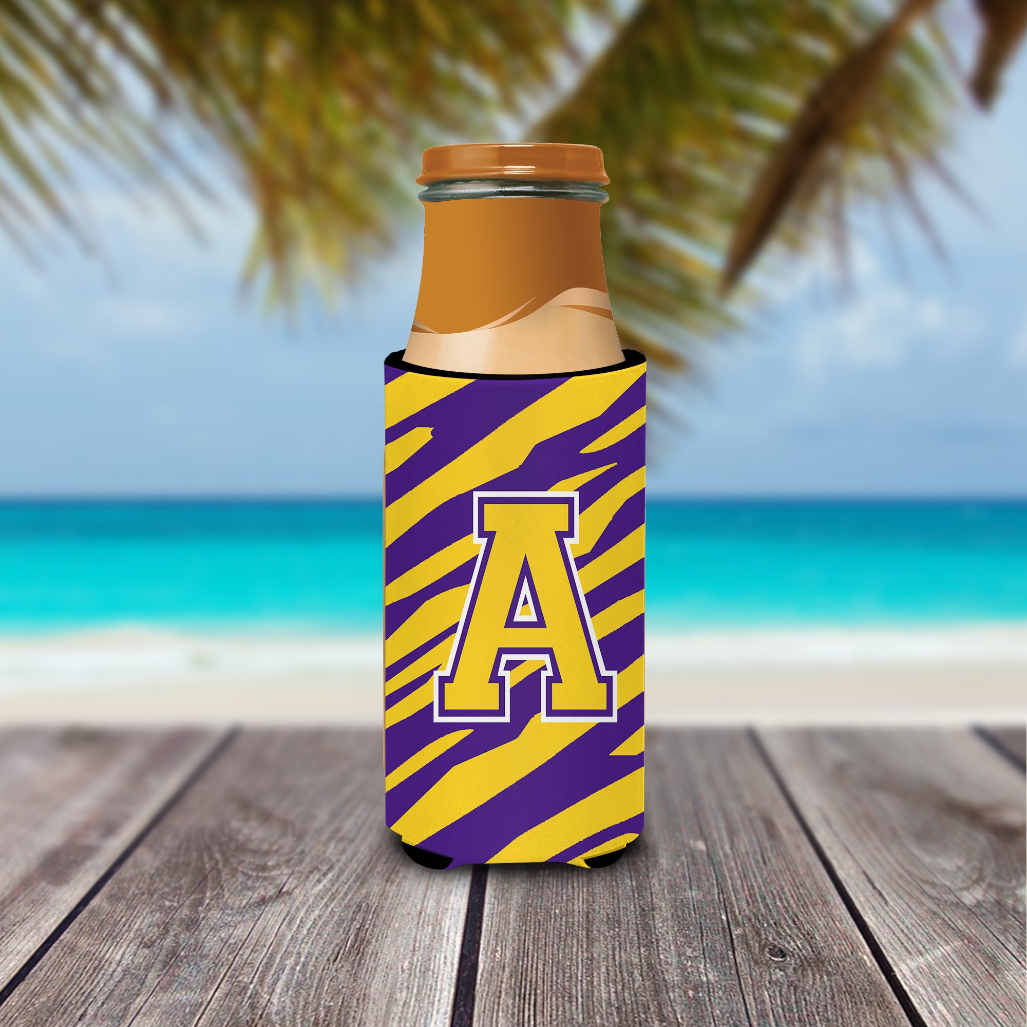Monogram - Tiger Stripe - Purple Gold  Letter A Ultra Beverage Insulators for slim cans CJ1022-AMUK.