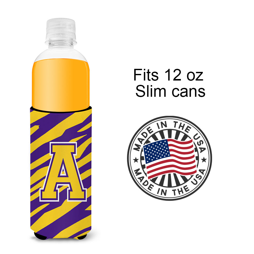 Monogram - Tiger Stripe - Purple Gold  Letter A Ultra Beverage Insulators for slim cans CJ1022-AMUK.