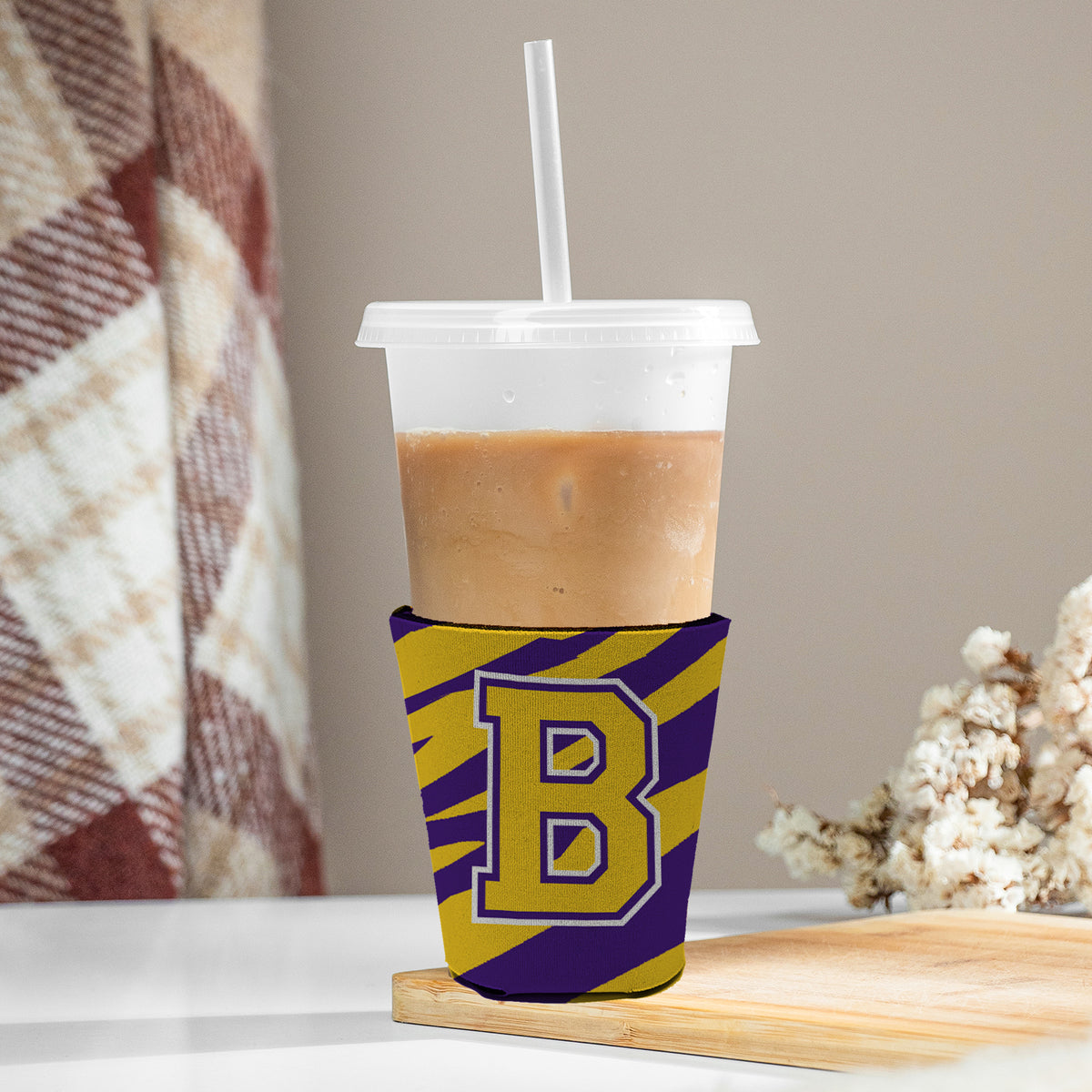Caroline's Treasures Tiger Stripe - Purple Gold Letter B Monogram Initial Cup Hugger - Reusable Party Cup Sleeve with Personality