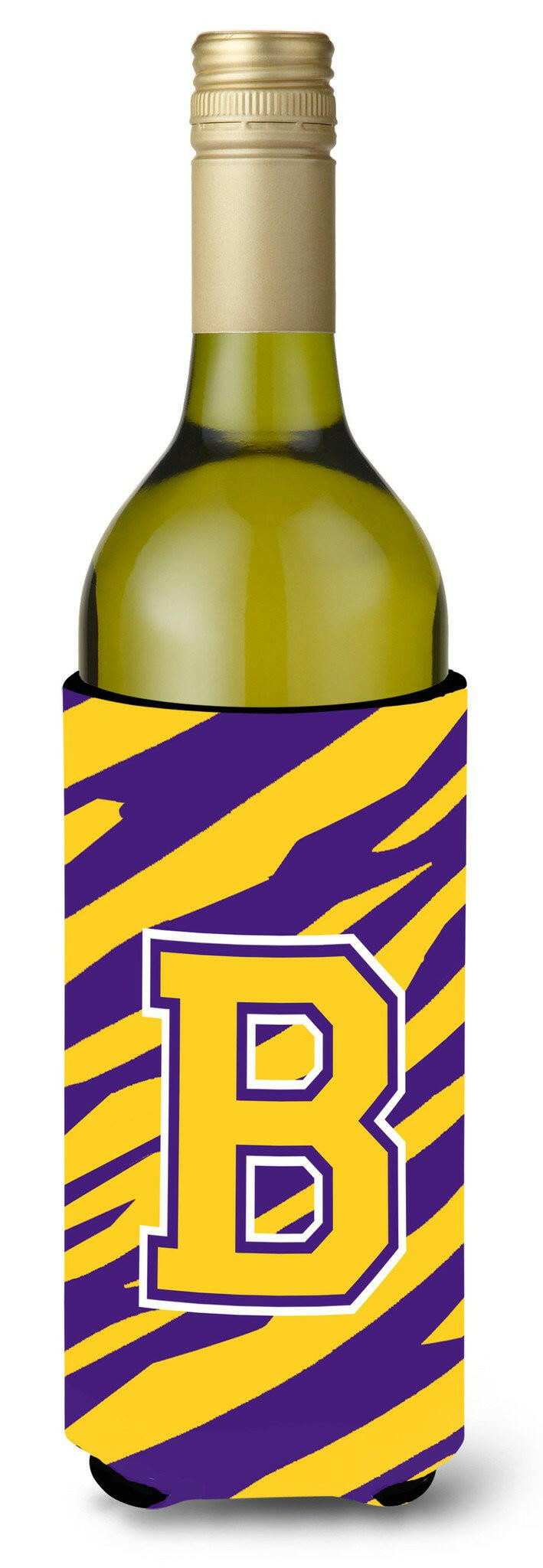 Monogram - Tiger Stripe - Purple Gold  Initial B Wine Bottle Beverage Insulator Beverage Insulator Hugger by Caroline's Treasures