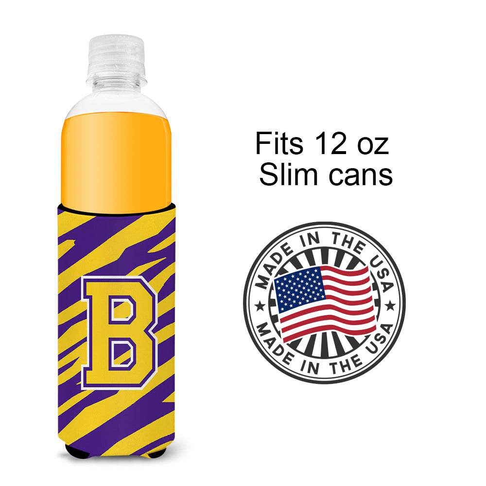 Monogram - Tiger Stripe - Purple Gold  Letter B Ultra Beverage Insulators for slim cans CJ1022-BMUK.