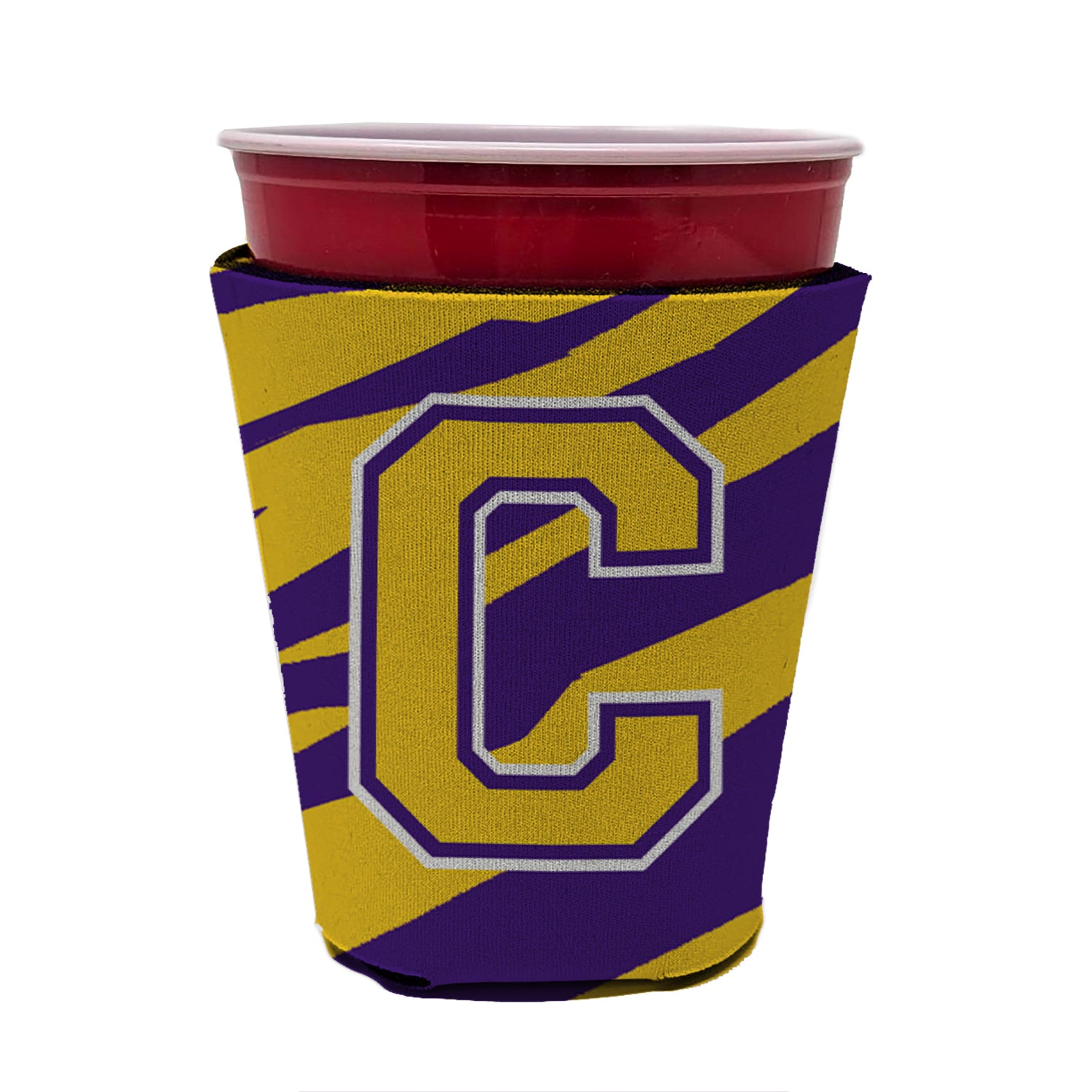 Tiger Stripe - Purple Gold Letter C Monogram Initial Red Cup Beverage Insulator Hugger