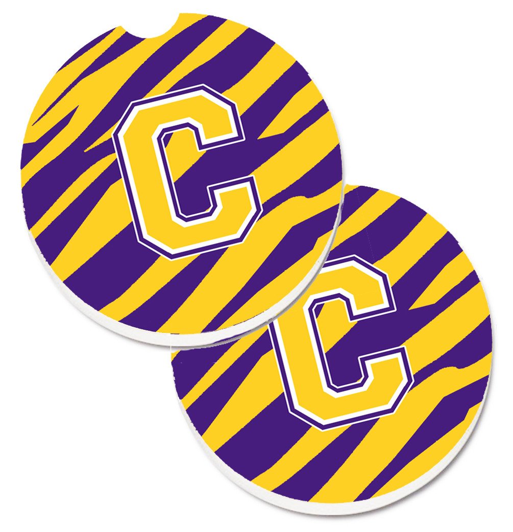 Letter C Monogram - Tiger Stripe - Purple Gold Set of 2 Cup Holder Car Coasters CJ1022-CCARC by Caroline&#39;s Treasures
