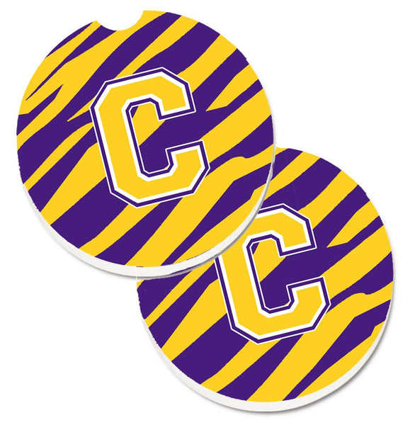 Letter C Monogram - Tiger Stripe - Purple Gold Set of 2 Cup Holder Car Coasters CJ1022-CCARC by Caroline's Treasures