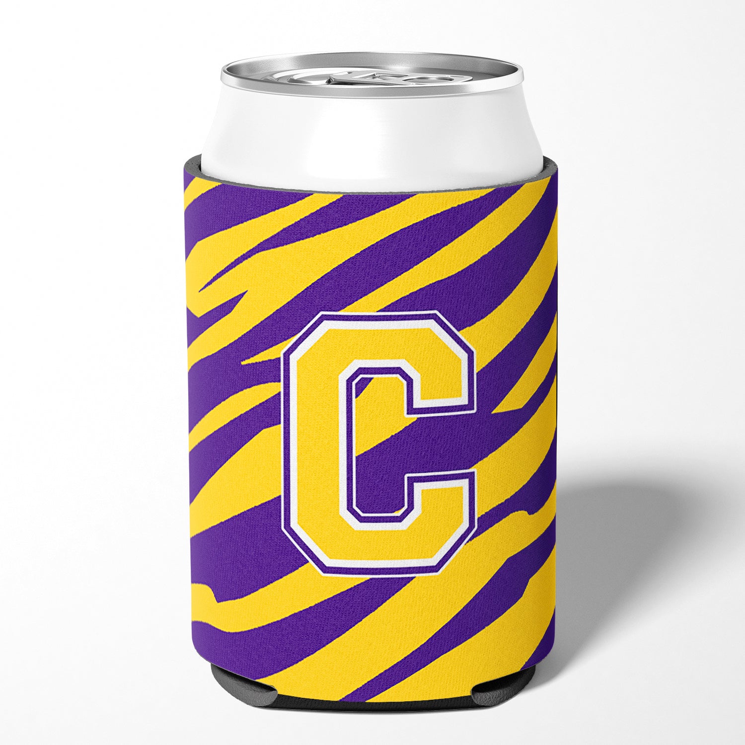 Monogram - Tiger Stripe - Purple Gold Can or Bottle Beverage Insulator Initial C
