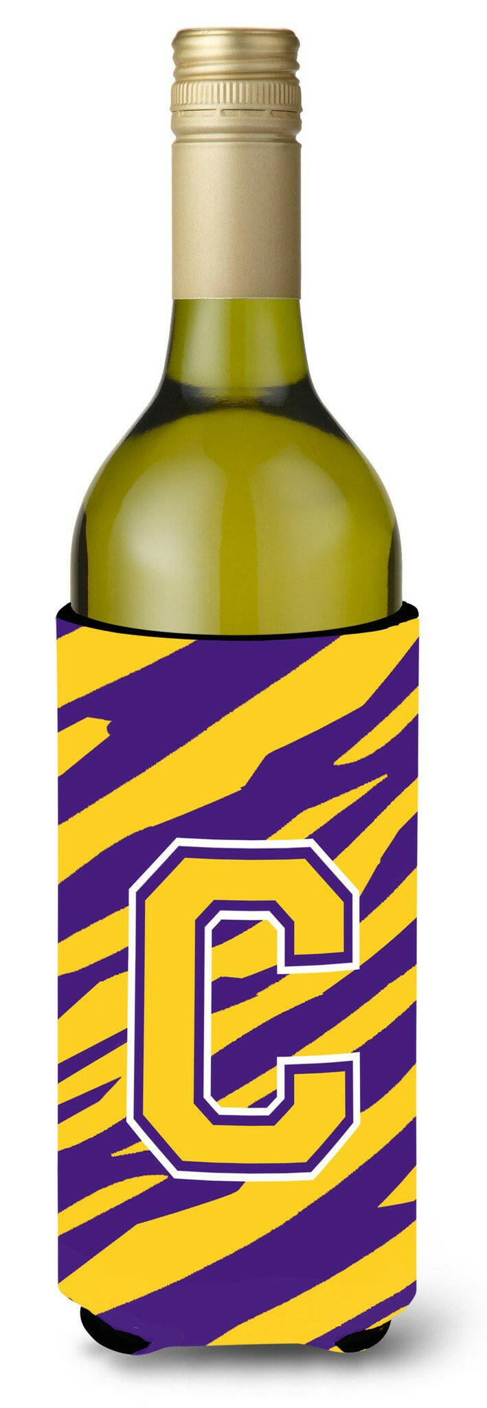 Monogram - Tiger Stripe - Purple Gold  Initial C Wine Bottle Beverage Insulator Beverage Insulator Hugger by Caroline&#39;s Treasures