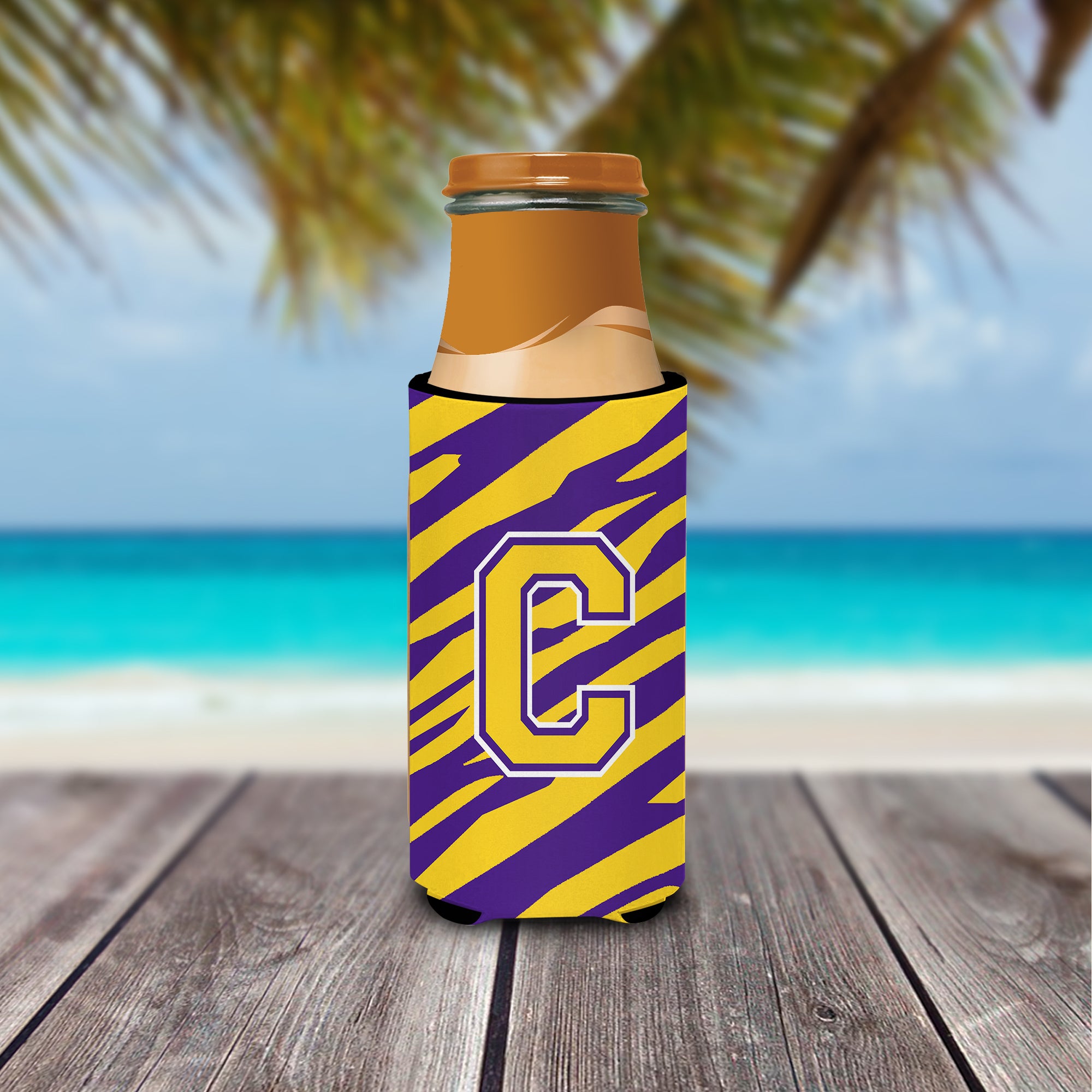 Monogram - Tiger Stripe - Purple Gold  Letter C Ultra Beverage Insulators for slim cans CJ1022-CMUK.