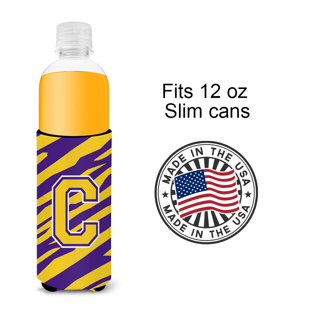 Monogram - Tiger Stripe - Purple Gold  Letter C Ultra Beverage Insulators for slim cans CJ1022-CMUK.