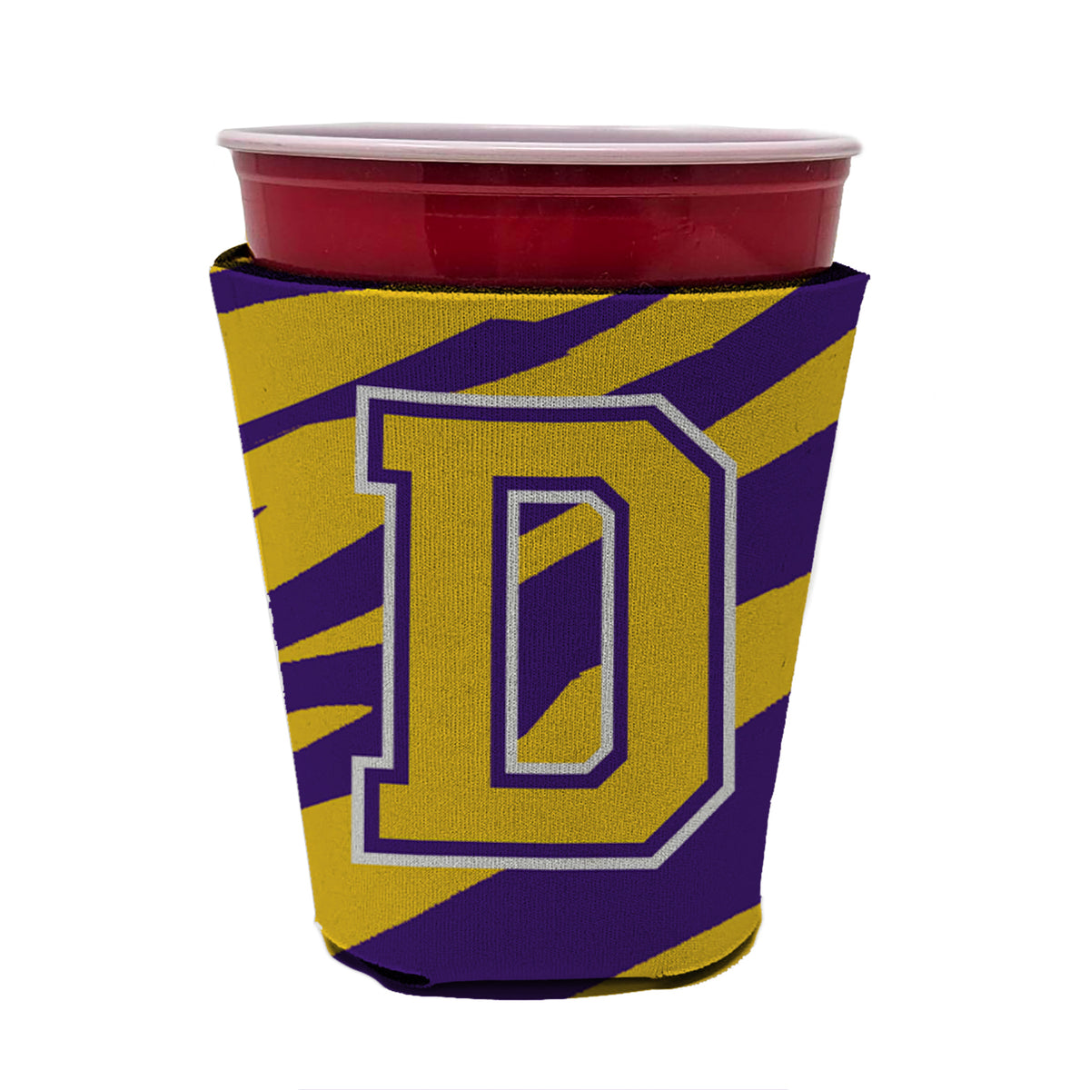 Tiger Stripe - Purple Gold Letter D Monogram Initial Red Cup Beverage Insulator Hugger  the-store.com.