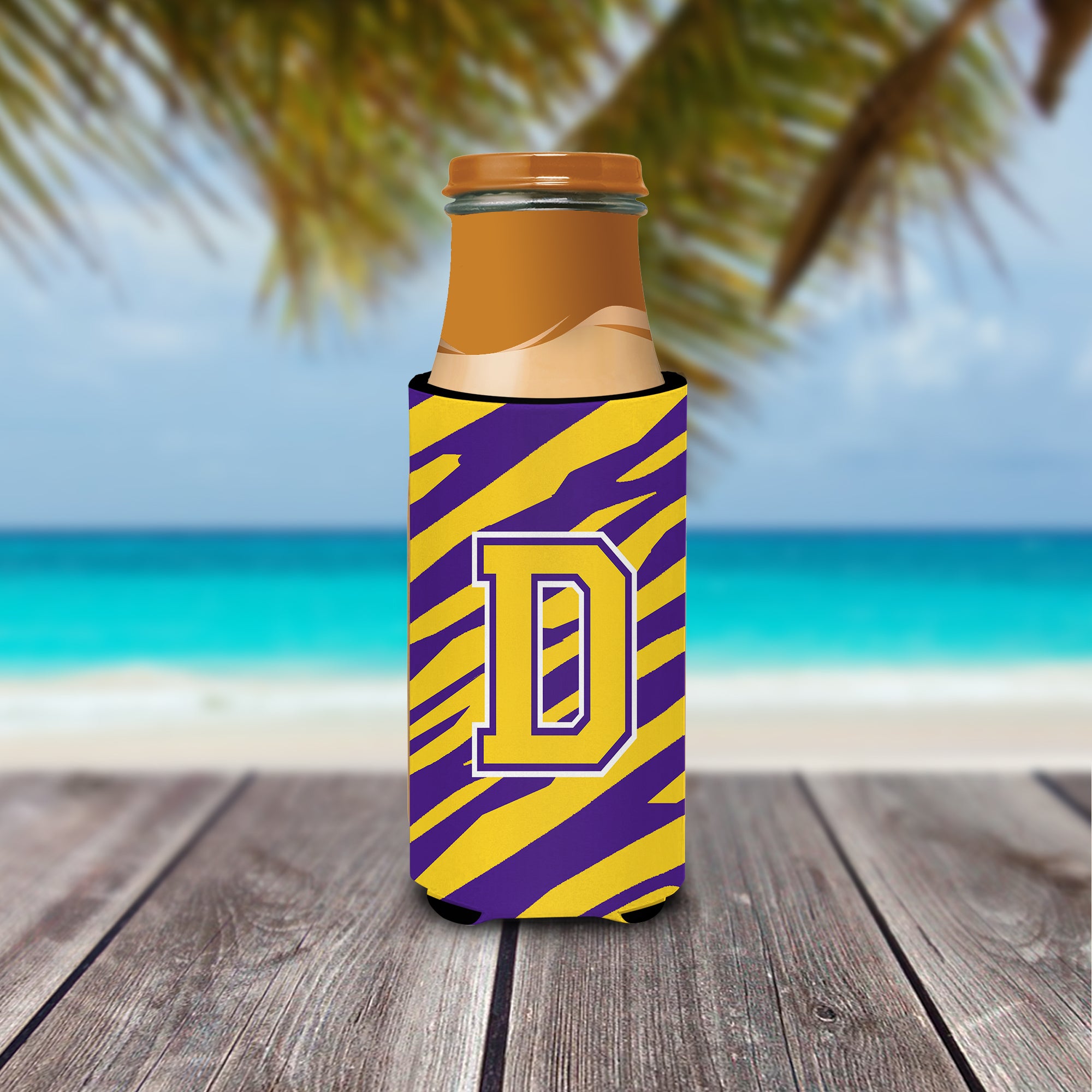 Monogram - Tiger Stripe - Purple Gold  Letter D Ultra Beverage Insulators for slim cans CJ1022-DMUK.