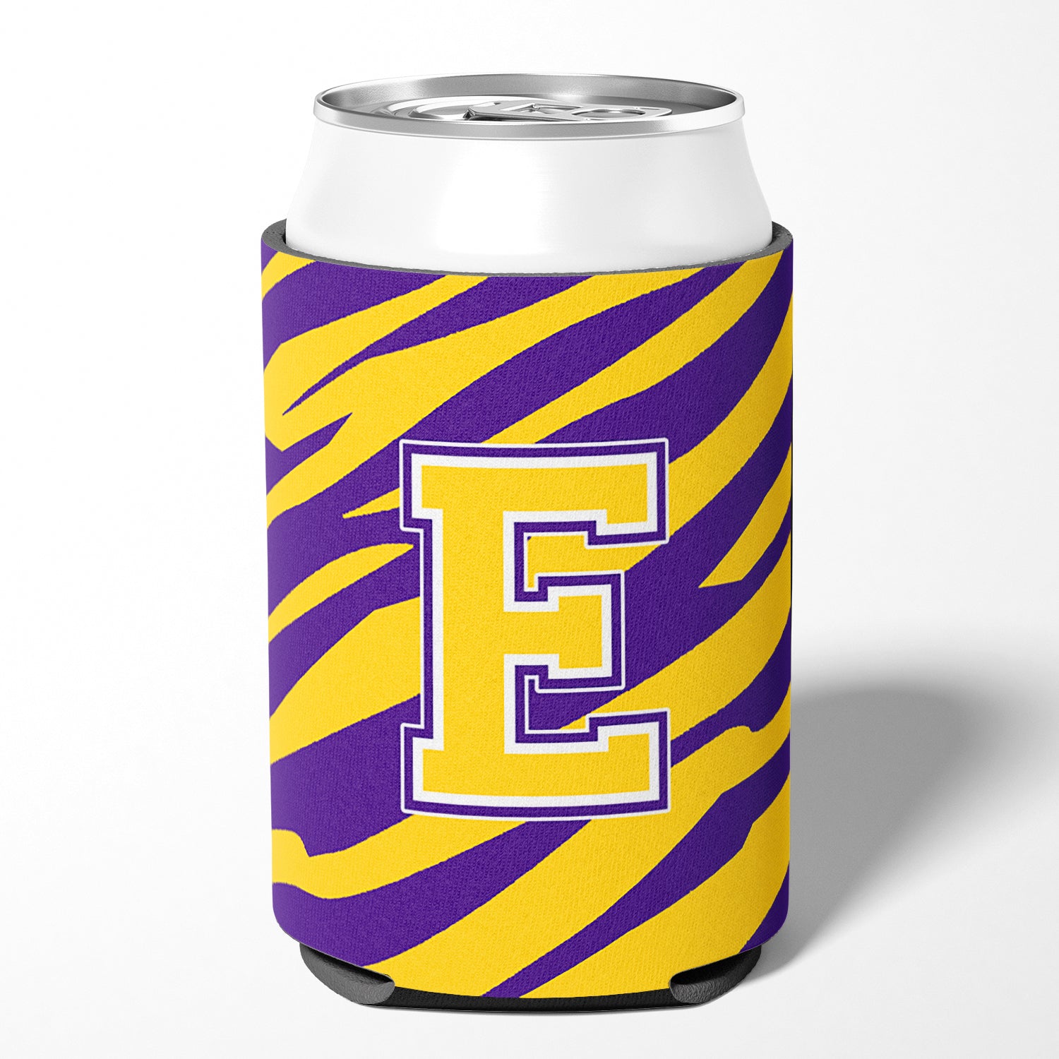 Monogram - Tiger Stripe - Purple Gold Can or Bottle Beverage Insulator Initial E.
