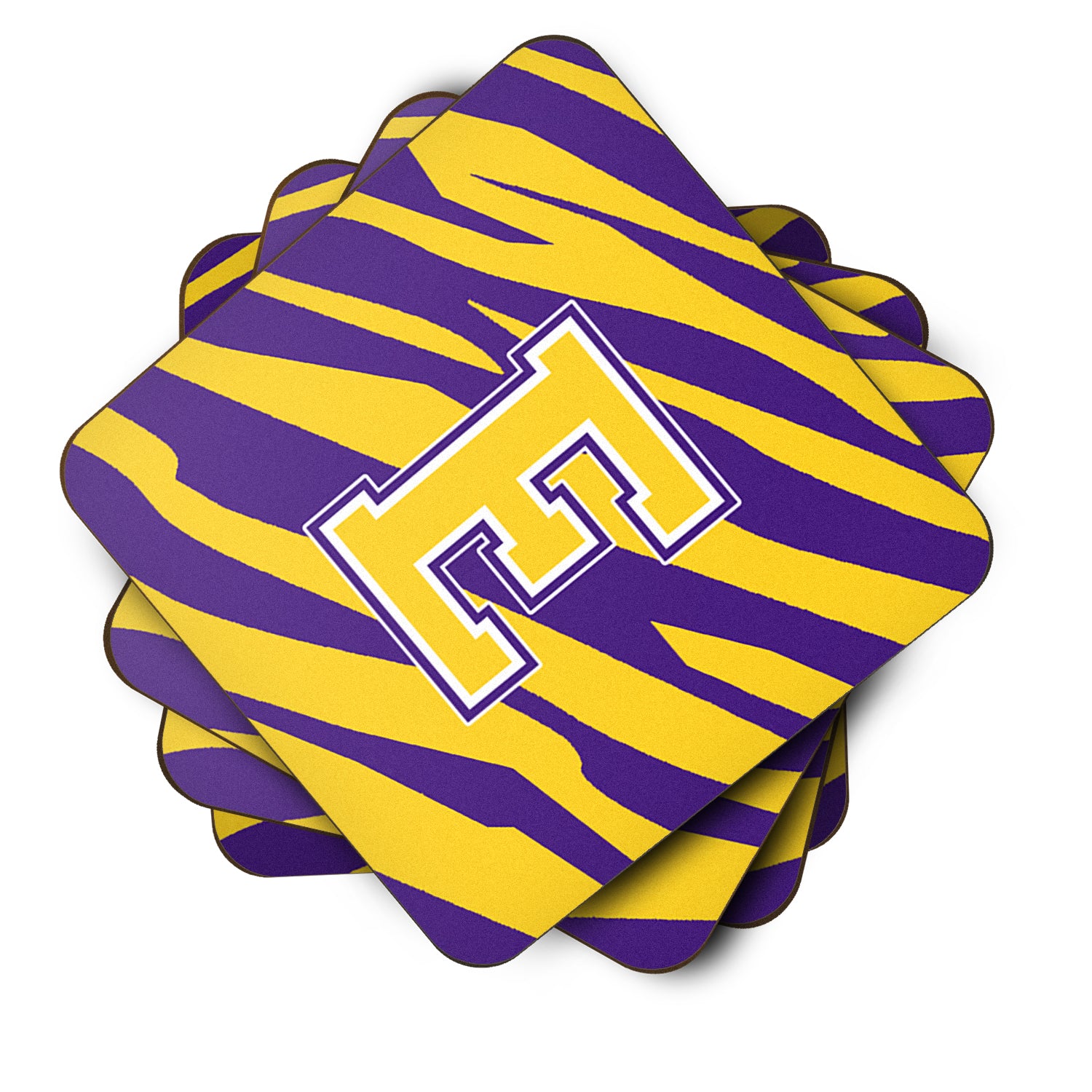 Set of 4 Monogram - Initial E Tiger Stripe - Purple Gold Foam Coasters - the-store.com