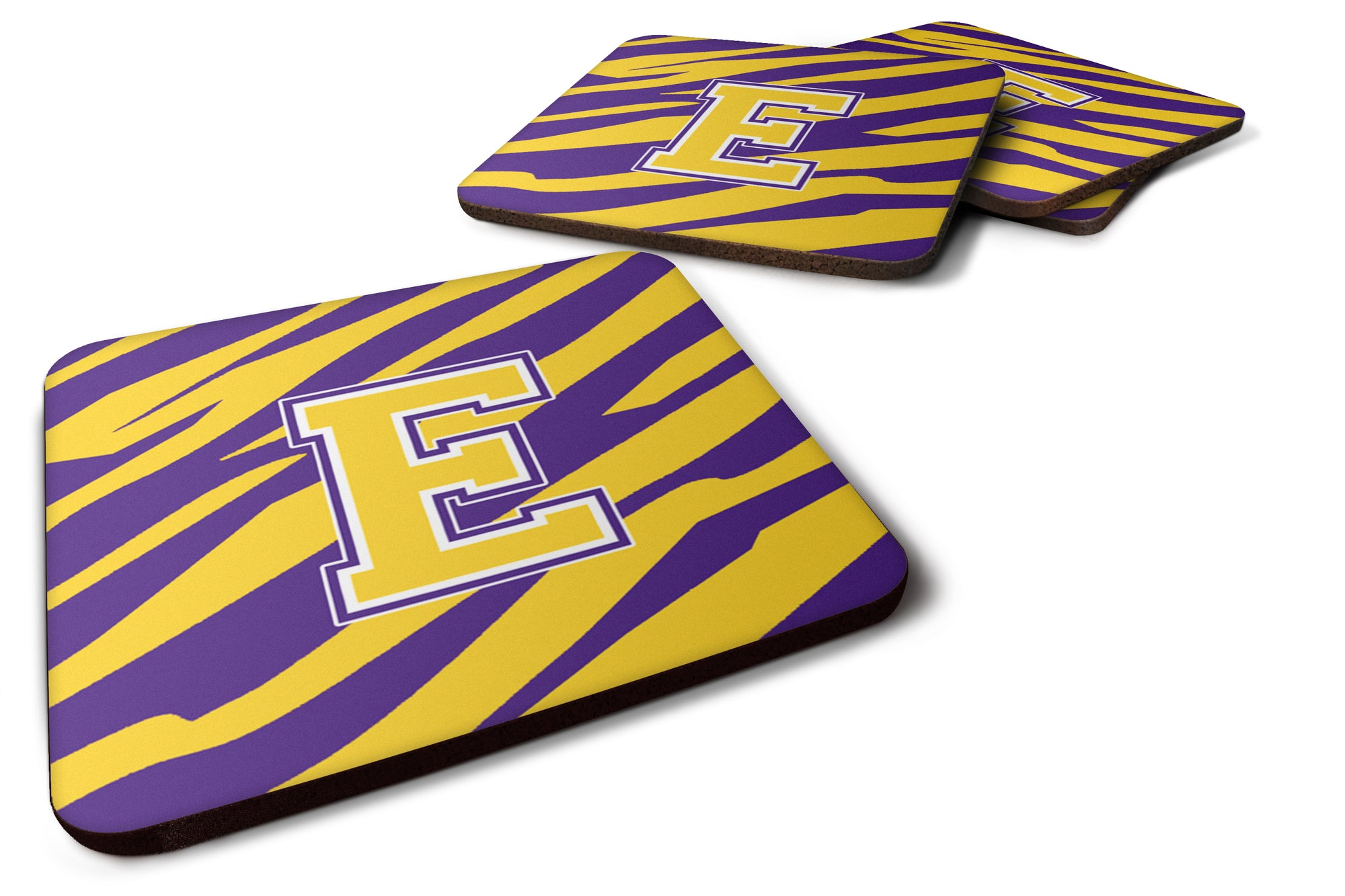 Set of 4 Monogram - Initial E Tiger Stripe - Purple Gold Foam Coasters - the-store.com