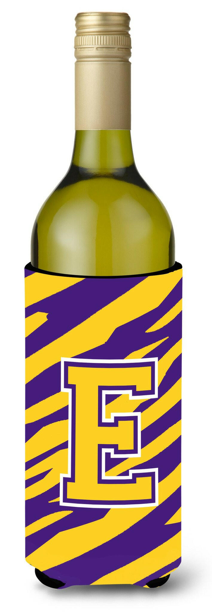 Monogram - Tiger Stripe - Purple Gold  Initial E Wine Bottle Beverage Insulator Beverage Insulator Hugger by Caroline&#39;s Treasures
