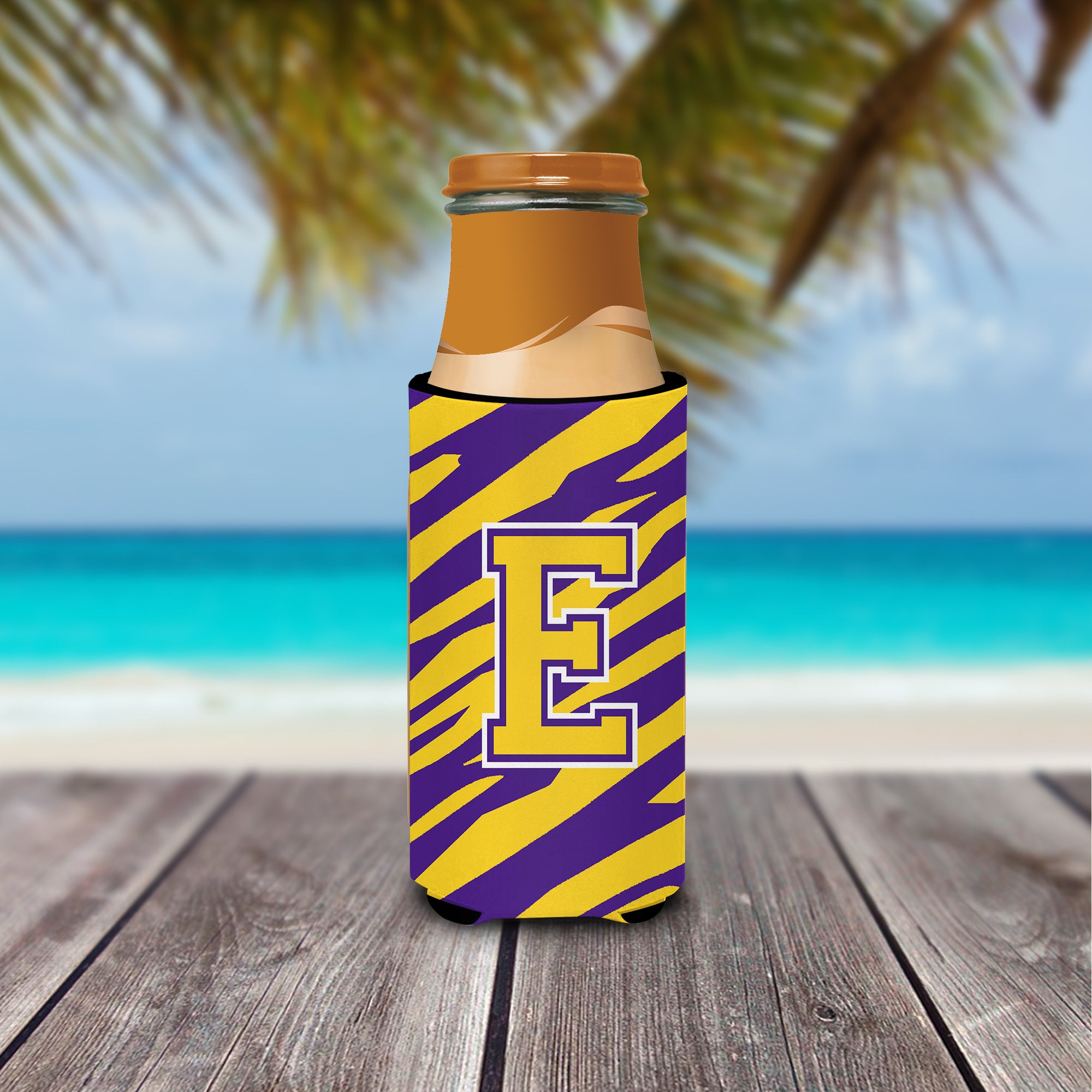 Monogram - Tiger Stripe - Purple Gold  Letter E Ultra Beverage Insulators for slim cans CJ1022-EMUK