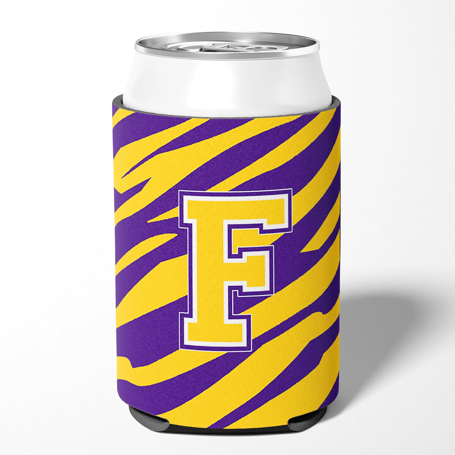 Monogram - Tiger Stripe - Purple Gold Can or Bottle Beverage Insulator Initial F