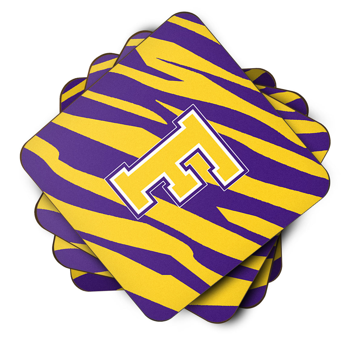 Set of 4 Monogram - Initial F Tiger Stripe - Purple Gold Foam Coasters - the-store.com