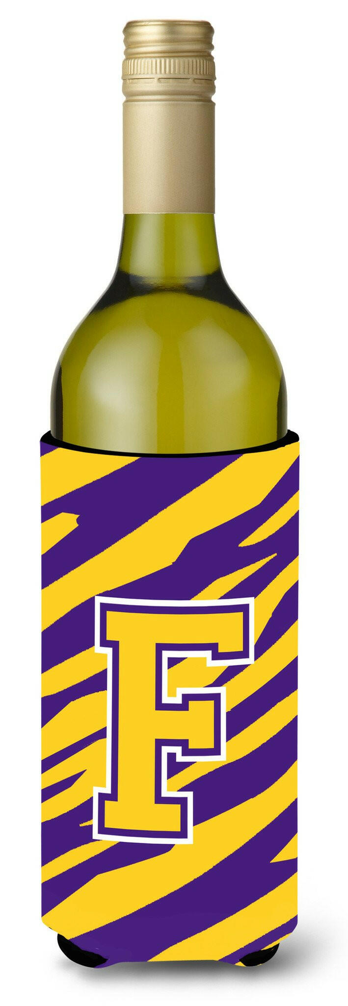 Monogram - Tiger Stripe - Purple Gold  Initial F Wine Bottle Beverage Insulator Beverage Insulator Hugger by Caroline's Treasures