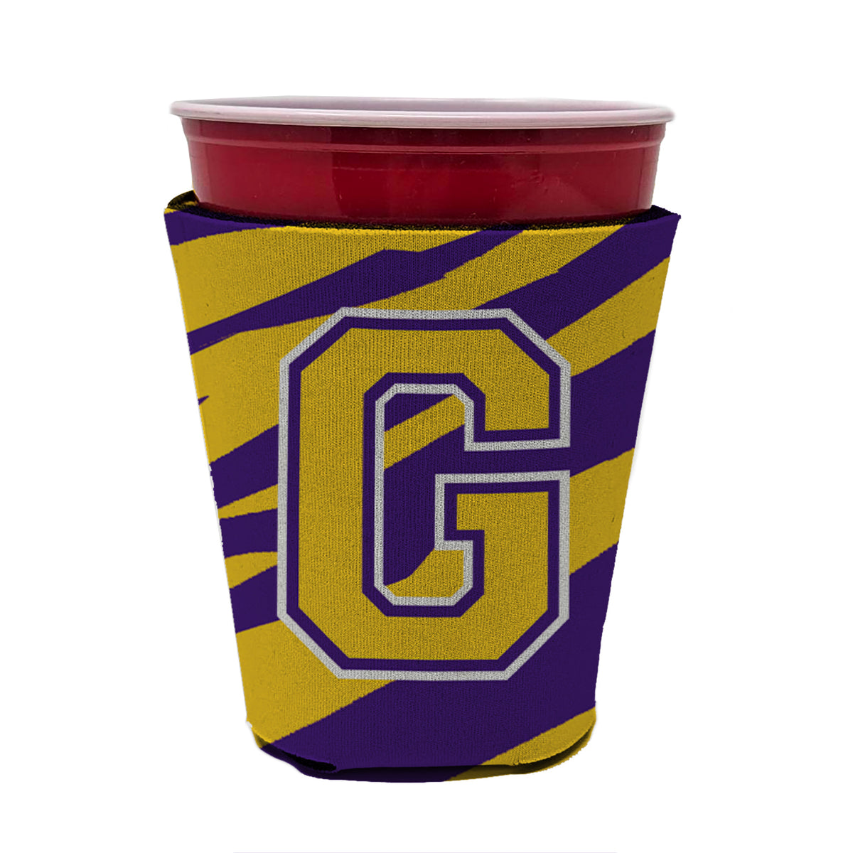 Tiger Stripe - Purple Gold Letter G Monogram Initial Red Cup Beverage Insulator Hugger