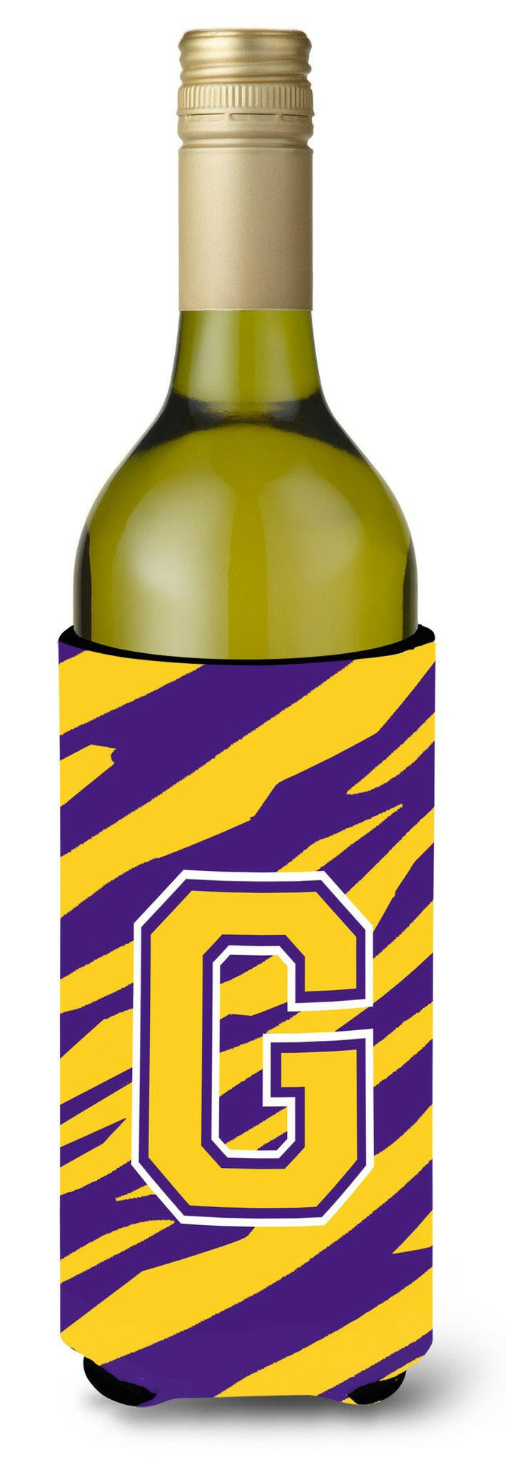 Monogram - Tiger Stripe - Purple Gold  Initial G Wine Bottle Beverage Insulator Beverage Insulator Hugger by Caroline&#39;s Treasures