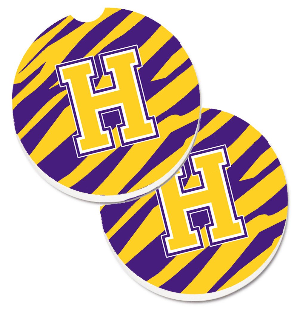 Letter H Monogram - Tiger Stripe - Purple Gold Set of 2 Cup Holder Car Coasters CJ1022-HCARC by Caroline&#39;s Treasures