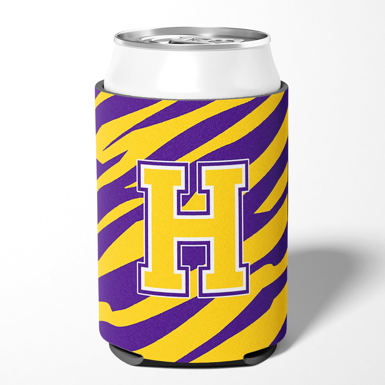 Monogram - Tiger Stripe - Purple Gold Can or Bottle Beverage Insulator Initial H.