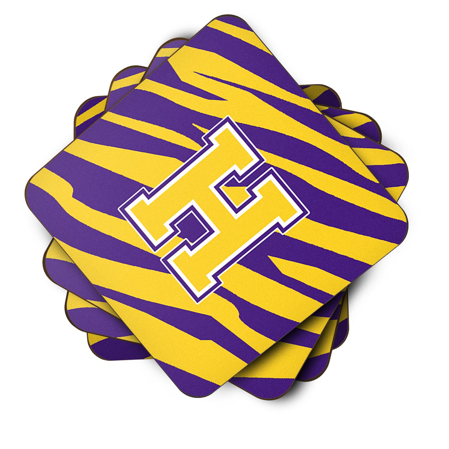Set of 4 Monogram - Initial H Tiger Stripe - Purple Gold Foam Coasters - the-store.com