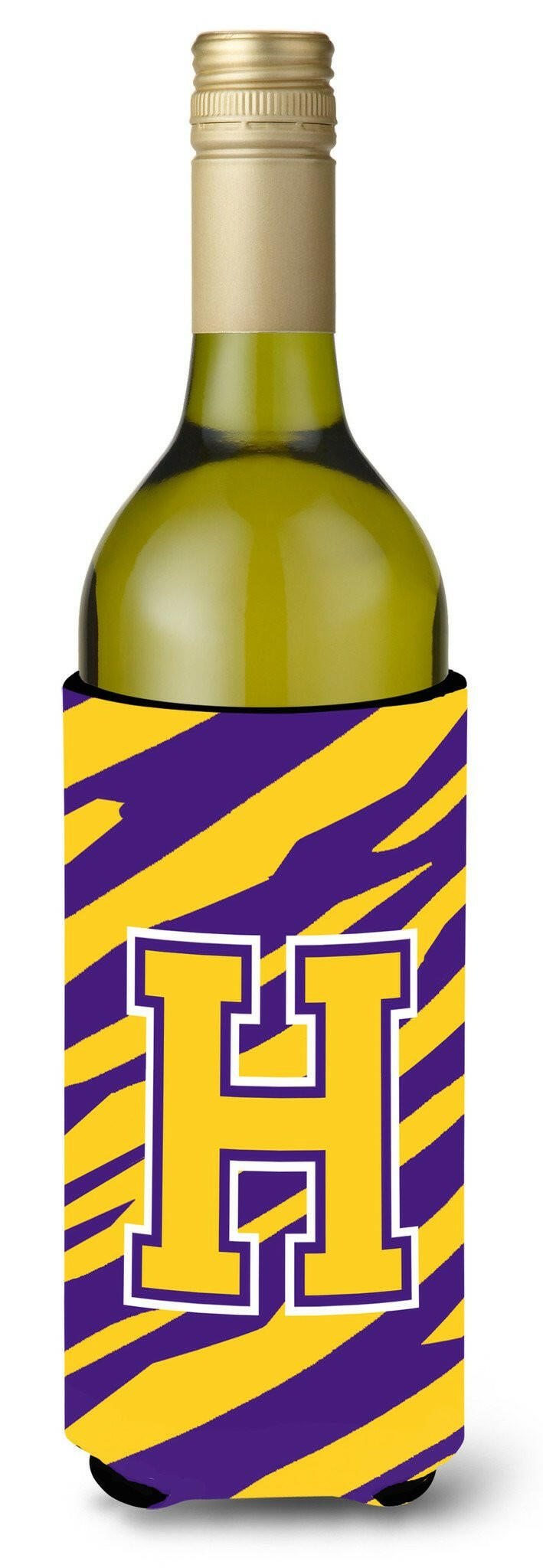 Monogram - Tiger Stripe - Purple Gold  Initial H Wine Bottle Beverage Insulator Beverage Insulator Hugger by Caroline's Treasures