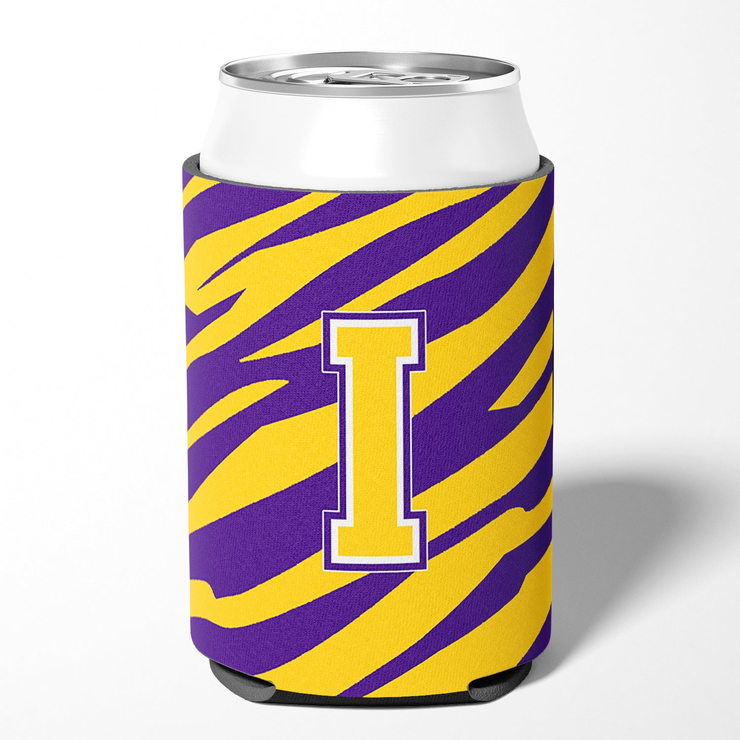 Monogram - Tiger Stripe - Purple Gold Can or Bottle Beverage Insulator Initial I.